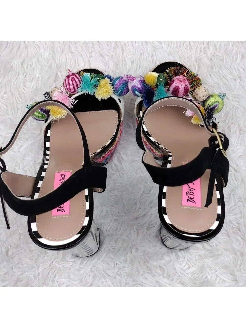 Betsey Johnson Polka Black White Embroidered Open Toe Slingback High Heel Shoe